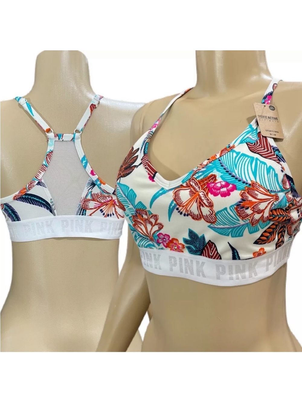 NWT PINK Victoria's Secret Floral Racerback Bralette - Cream Multi, Size Small